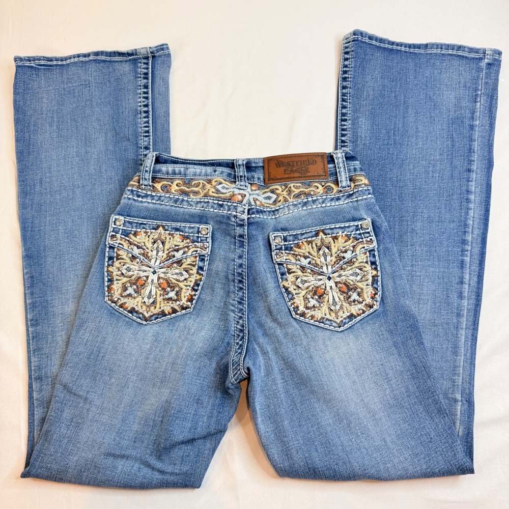 Westfield Eagle Womens Bootcut Jeans Size 1 Medium Wash Bling Rhinestone Cross